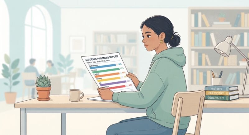 Student reviewing a Cambridge Checkpoint feedback report with colour-coded topic bars