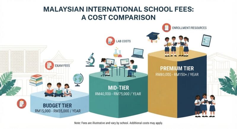 Tiered cost chart of budget, mid-tier and premium Malaysian IGCSE school fee ranges