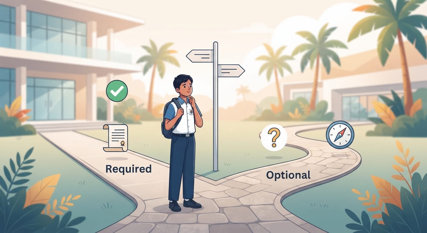 Flowchart of Cambridge setting Checkpoint as optional, then school policy deciding participation