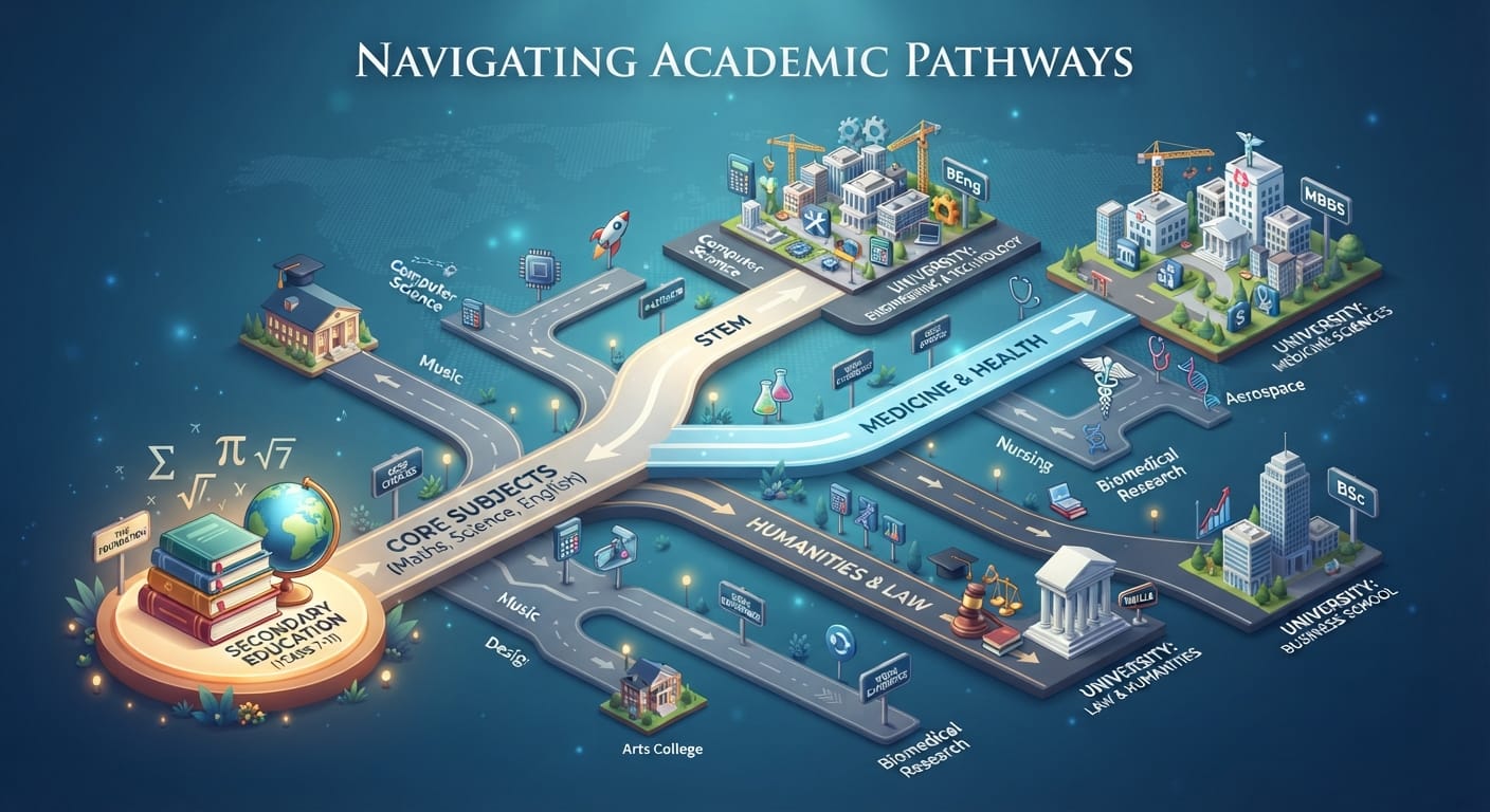 Pathway diagram of IGCSE subject choices branching into A Level and university options