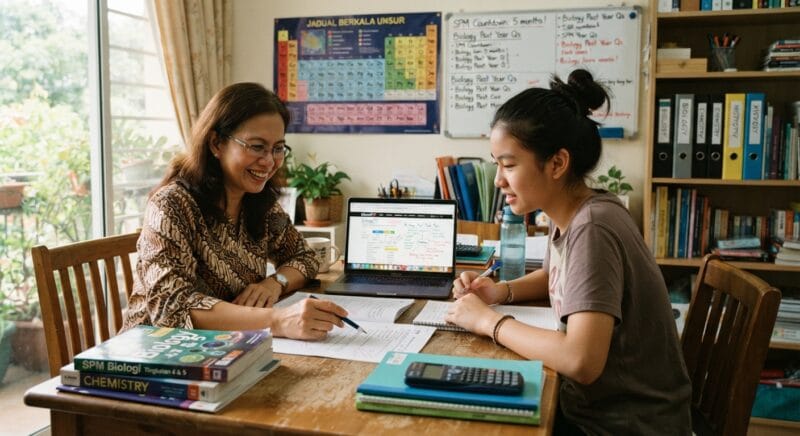 Homeschooling parent and student reviewing official past papers on a laptop