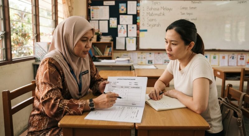 Parent and teacher discussing a student's progress report together