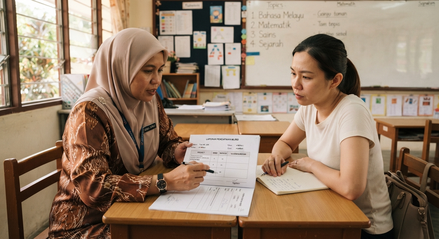 Parent and teacher discussing a student's progress report together