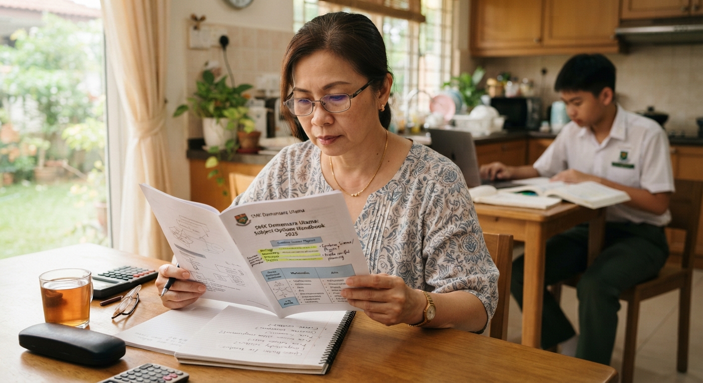 Parent reviewing a school subject-choice handbook with Science options highlighted