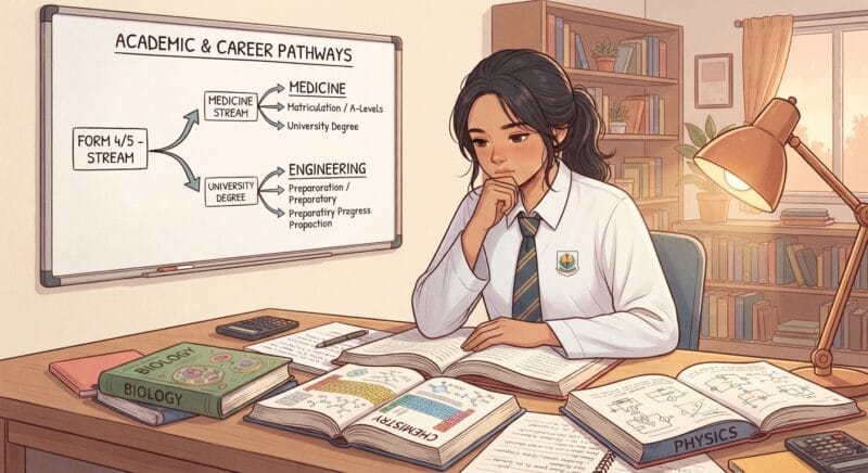 A Malaysian secondary school student sitting at a desk surrounded by open science textbooks labeled Biology, Chemistry, and Physics, with a branching pathway diagram visible on a whiteboard behind them showing routes toward Medicine and Engineering, the room bathed in warm, focused study lighting with a sense of careful decision-making, rendered in a clean, editorial illustration style with a slightly aspirational and informative tone.