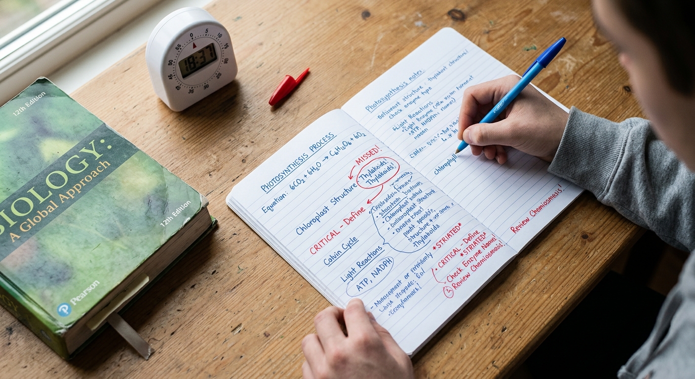 A page covered in handwritten blurted notes with red circles around missed points