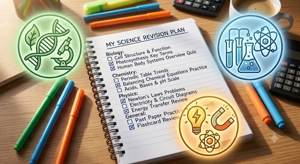 Biology, Chemistry and Physics icons arranged around a revision-plan checklist