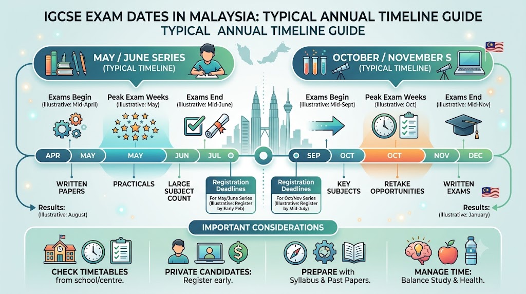 Yearly calendar highlighting the May/June and October/November IGCSE exam windows