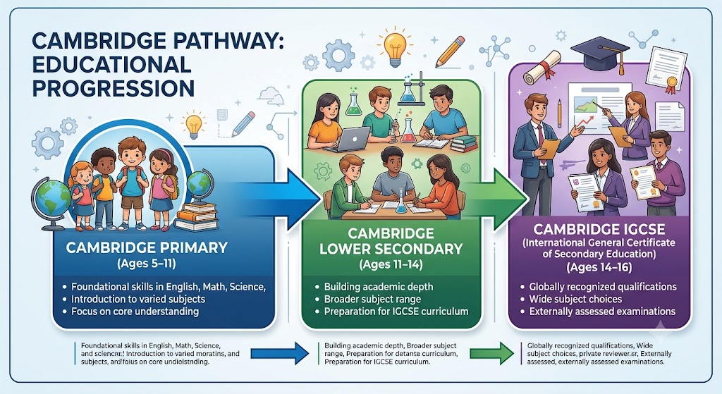 Progression diagram from Cambridge Primary to Lower Secondary to IGCSE