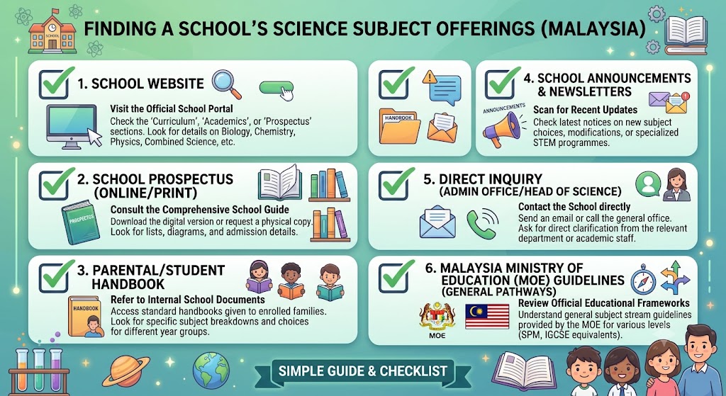 Checklist of places to find a school's Science subject offering information