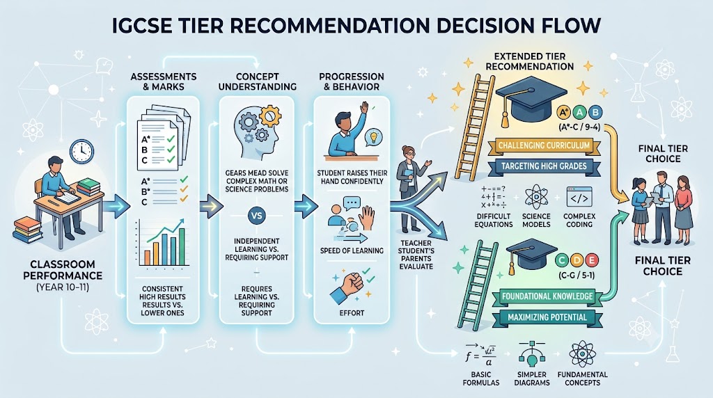 Decision flow from classroom performance to a Core or Extended tier recommendation