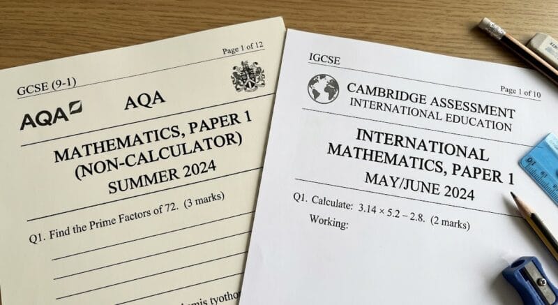 GCSE (UK) and IGCSE (International) exam papers side by side