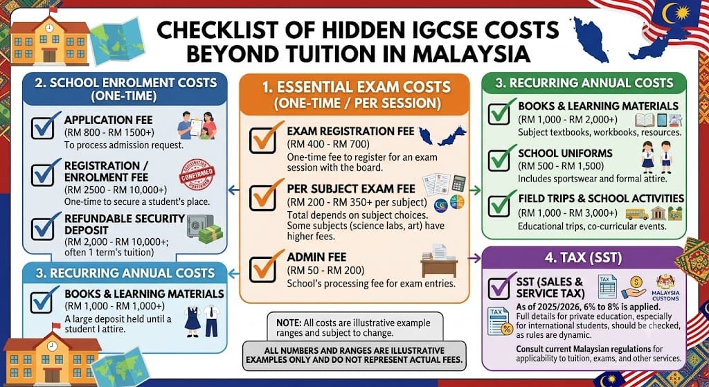 Checklist of hidden IGCSE costs beyond tuition: exam fees, registration, SST