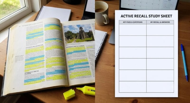 Highlighted textbook page side by side with a blank active-recall sheet