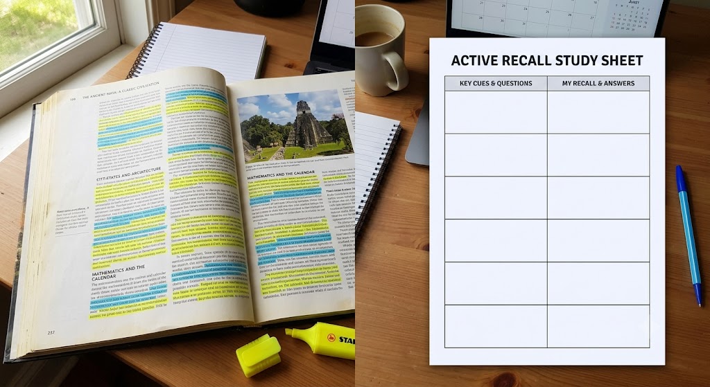 Highlighted textbook page side by side with a blank active-recall sheet