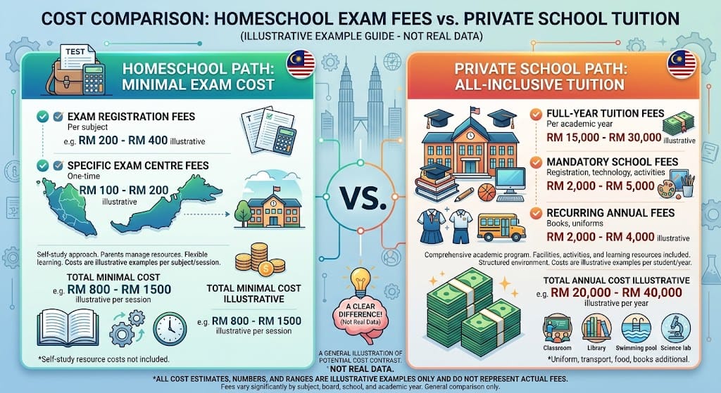 Comparison of homeschool exam-fee-only cost versus a full year of private school tuition