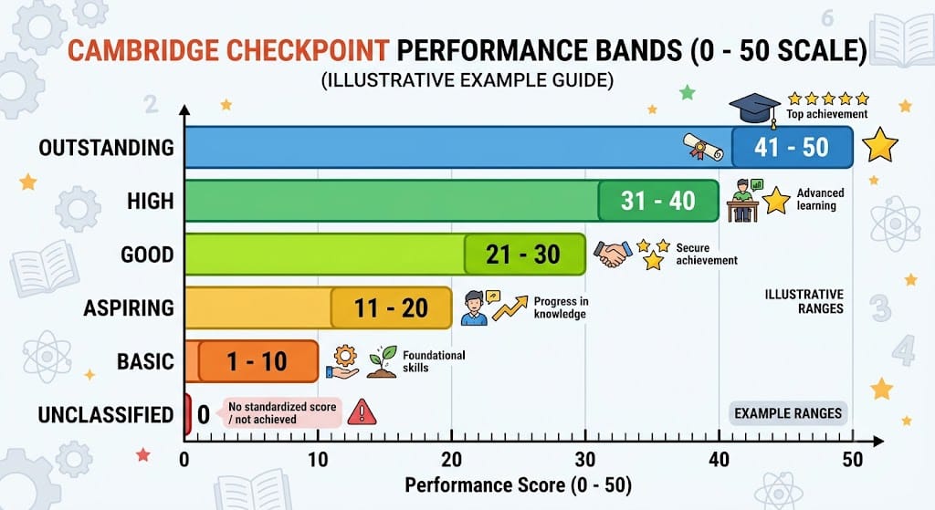 Horizontal bar chart of the six Cambridge Checkpoint performance bands from 0 to 50
