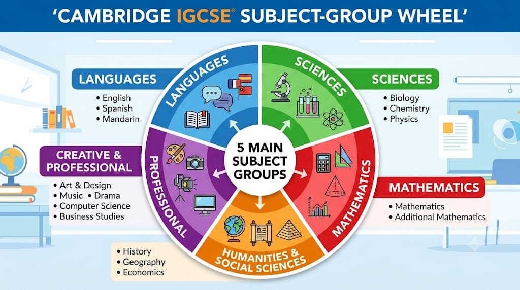 IGCSE subject-group wheel showing Languages, Sciences, Mathematics, Humanities and Creative options