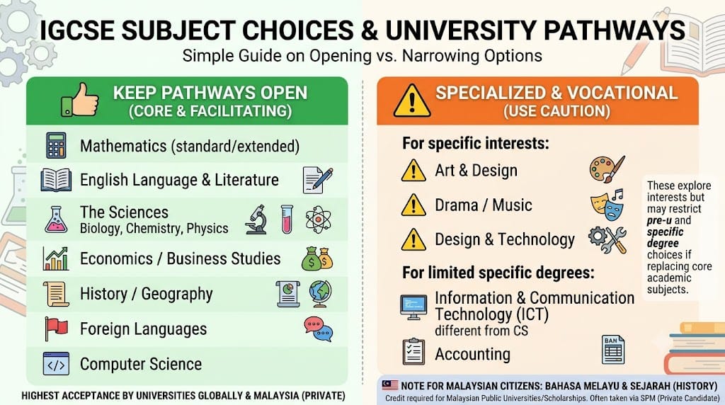 Checklist of IGCSE subjects that keep university pathways open versus subjects that narrow them