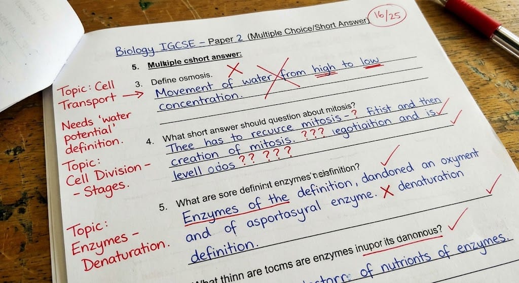 Marked past paper page with wrong answers tagged by topic in the margin