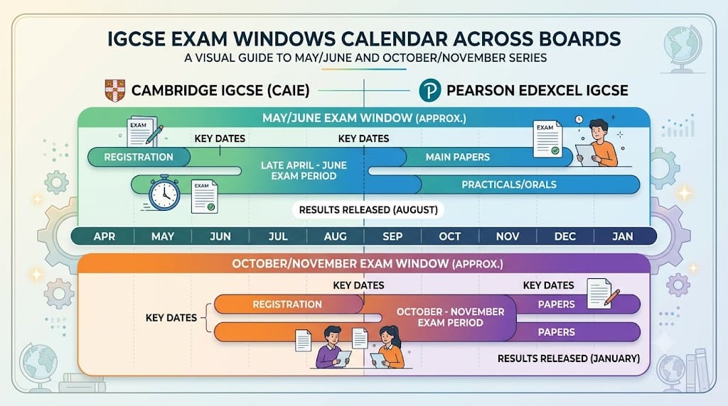 Calendar of overlapping May/June and October/November exam windows across IGCSE boards