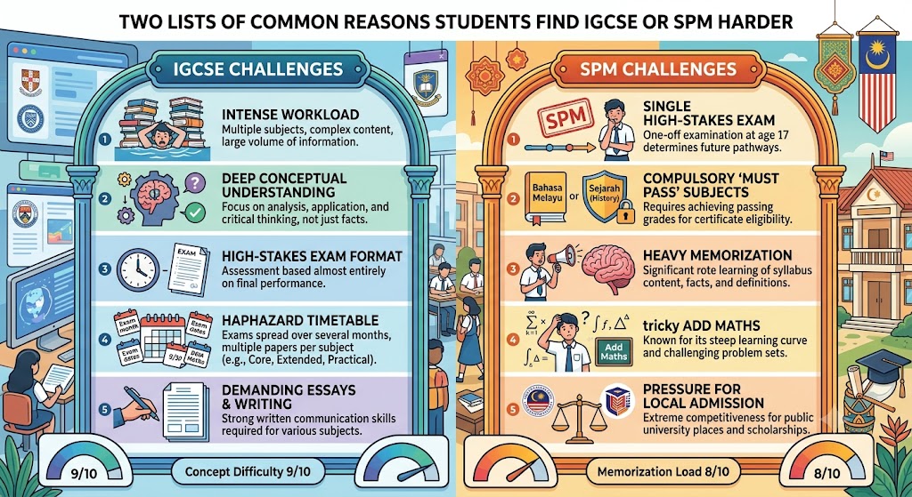 Two lists of common reasons students find IGCSE or SPM harder