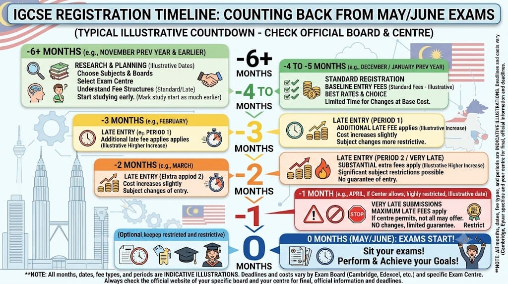 Registration deadline timeline counting back from the May/June IGCSE exam series