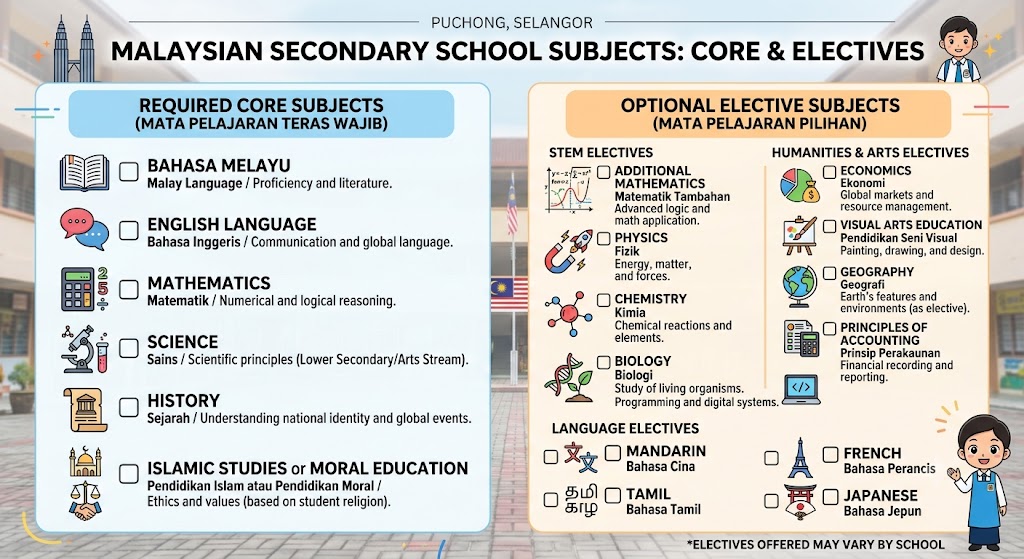Checklist of typical school-required core subjects alongside optional electives
