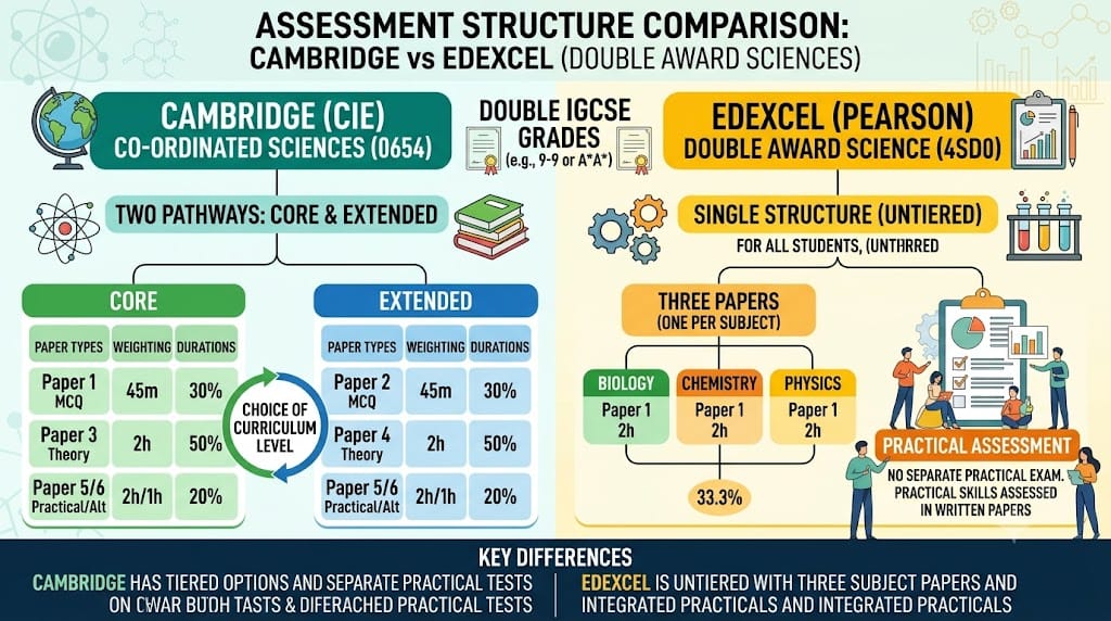 Assessment structure comparison between Cambridge Co-ordinated Sciences and Edexcel Double Award Science