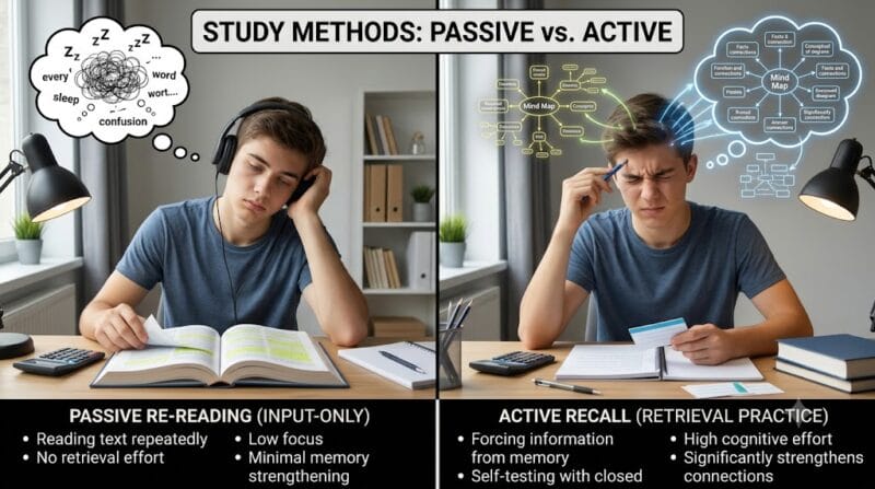 Student actively recalling a topic from memory instead of passively re-reading notes