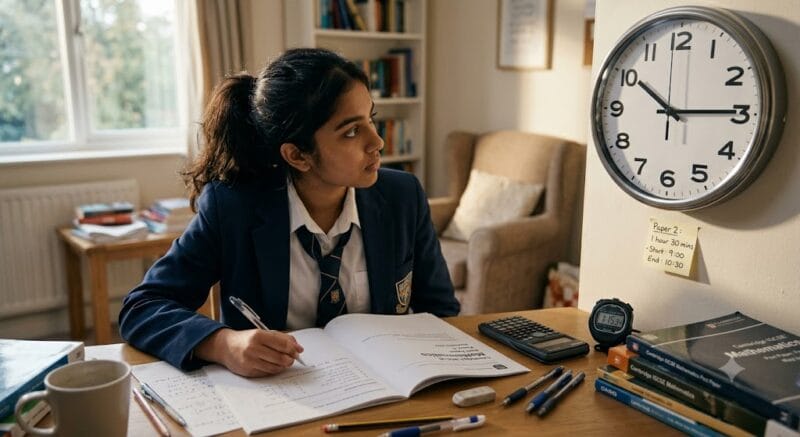 Student timing themselves on a past paper with a clock nearby