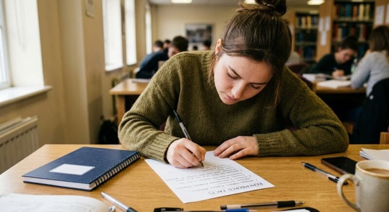 Student writing remembered facts onto a blank sheet with a closed notebook nearby