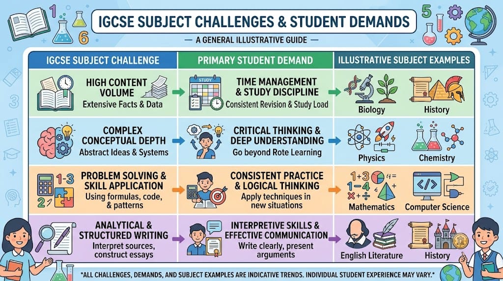 Table matching common IGCSE subject challenges to the demand they place on students