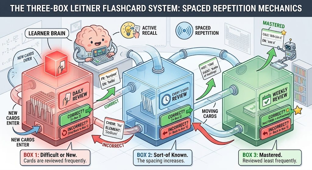 Three-box Leitner flashcard system with cards moving between boxes
