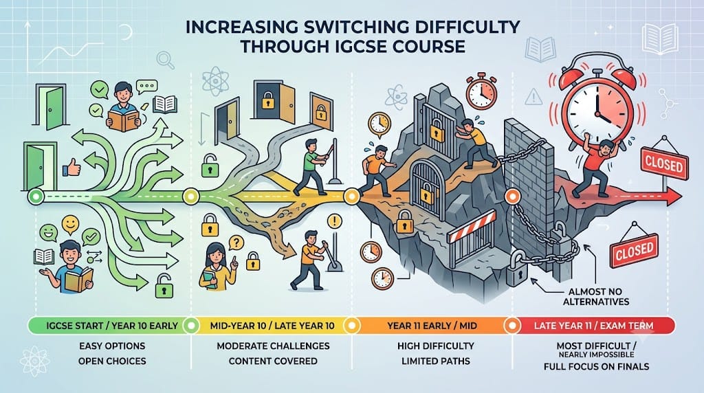 Timeline showing switching difficulty increasing the later it happens in the IGCSE course