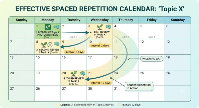 Calendar showing the same topic reviewed on day 1, 3, 8 and 20 with widening gaps