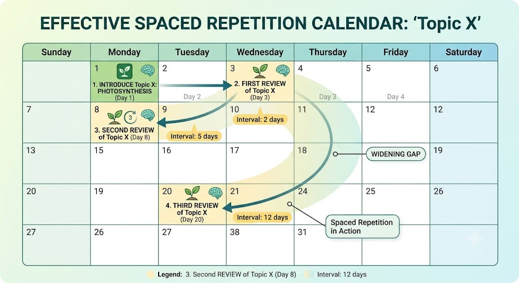 Calendar showing the same topic reviewed on day 1, 3, 8 and 20 with widening gaps