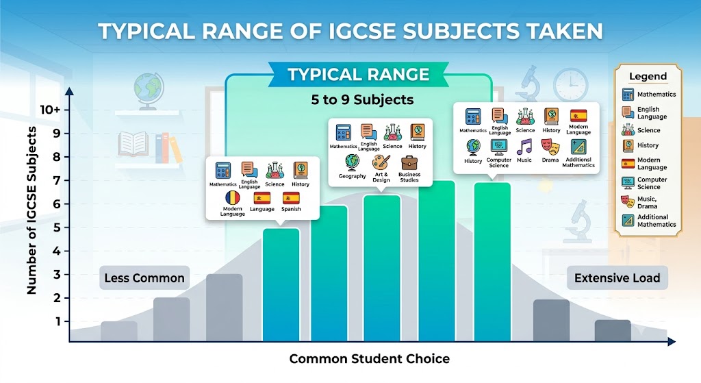 Bar showing a typical range of 5 to 9 IGCSE subjects