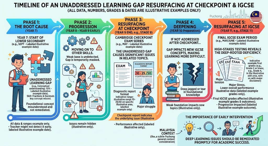 Timeline of an unaddressed Year 7 learning gap resurfacing at Checkpoint and again at IGCSE