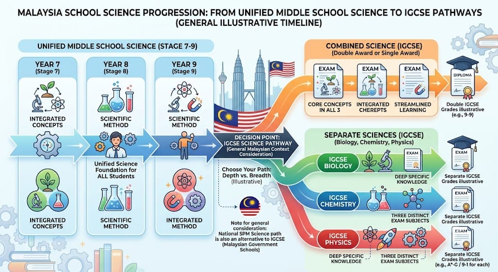Timeline of unified Science from Year 7-9 splitting into Combined or Separate Sciences at IGCSE
