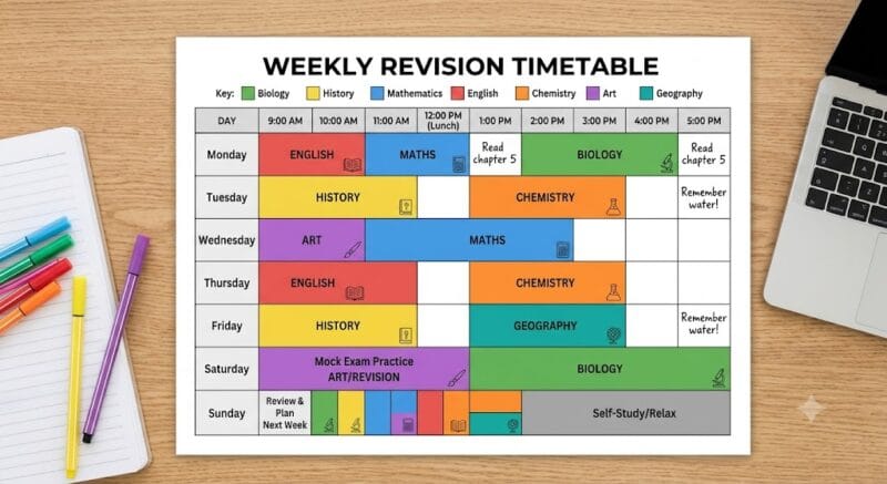 Weekly revision timetable grid with subjects colour-blocked across days