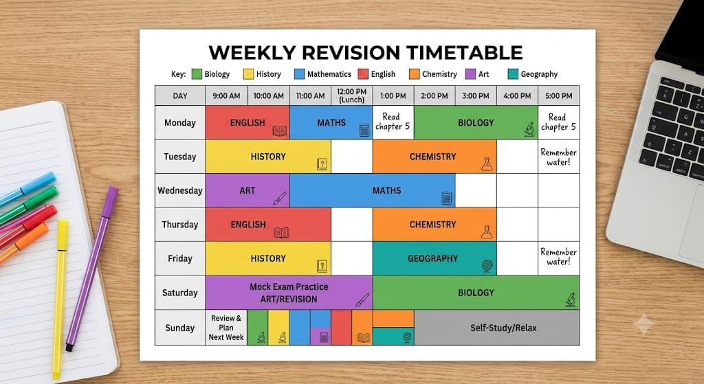 Weekly revision timetable grid with subjects colour-blocked across days