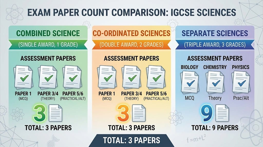 Exam paper count comparison for Combined, Co-ordinated, and Separate Sciences