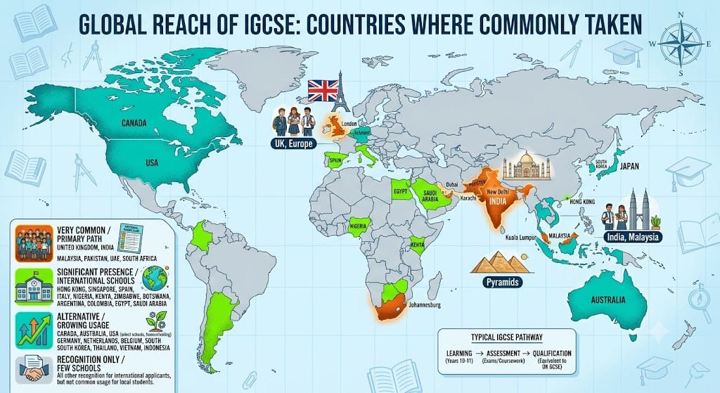 World map showing countries where IGCSE is commonly taken