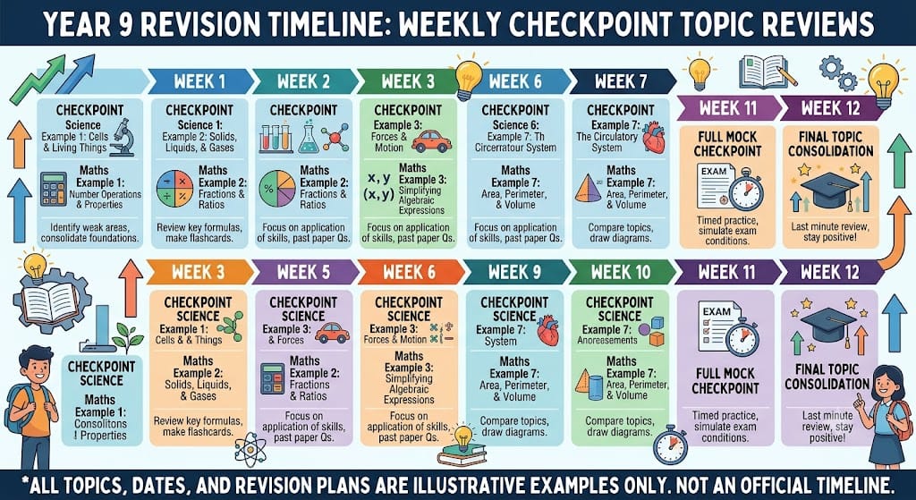 Year 9 revision timeline with weekly Checkpoint topic reviews